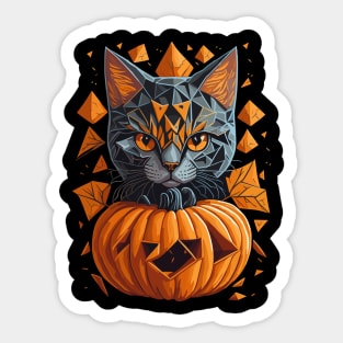 Geometric Halloween Cat on Pumpkin Sticker